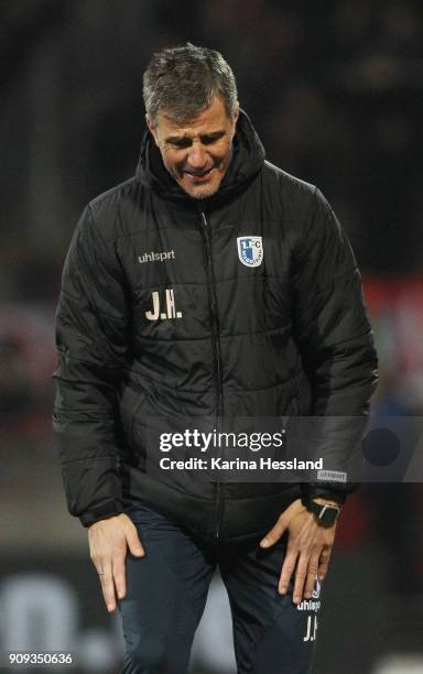 Headcoach Jens Haertel of Magdeburg reacts during the 3.Liga match between FC Rot Weiss Erfurt and 1.FC Magdeburg at Arena Erfurt on January 22, 2018...