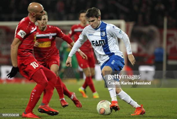 Bjoern Rother of Magdeburg on the ball during the 3.Liga match between FC Rot Weiss Erfurt and 1.FC Magdeburg at Arena Erfurt on January 22, 2018 in...