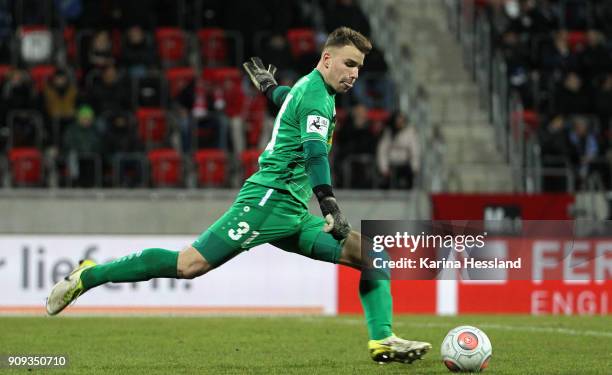 Goalkeeper Julian Knoll of Erfurt challenges of Magdeburg during the 3.Liga match between FC Rot Weiss Erfurt and 1.FC Magdeburg at Arena Erfurt on...