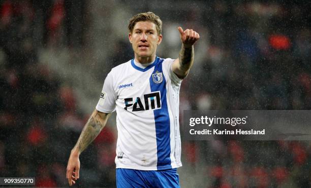 Philip Tuerpitz of Magdeburg reacts during the 3.Liga match between FC Rot Weiss Erfurt and 1.FC Magdeburg at Arena Erfurt on January 22, 2018 in...