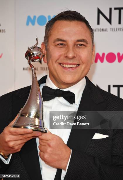 David Walliams, winner of the TV Judge award for "Britain's Got Talent", poses in the press room at the National Television Awards 2018 at The O2...