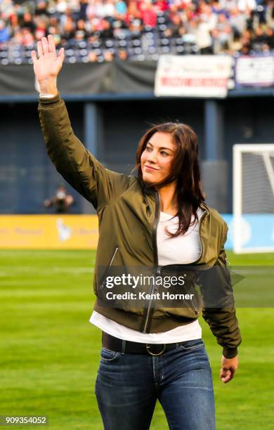 Hope Solo waves to fans from the field during pregame ceremonies prior to the first half against the Danish women's national team at SDCCU Stadium on...