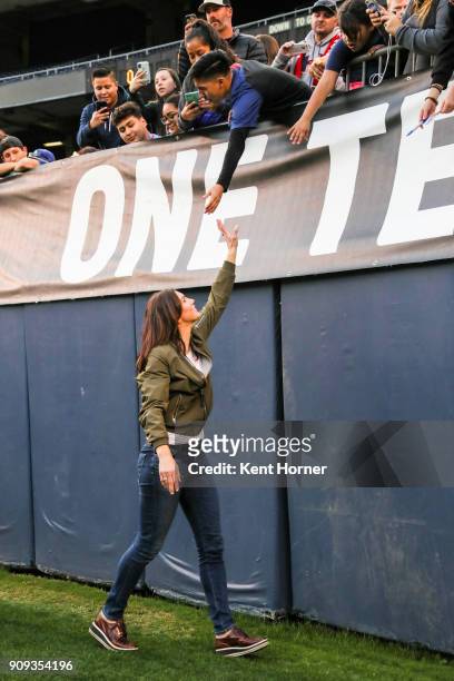 Hope Solo greets fans from the field during the first half against the Danish women's national team at SDCCU Stadium on January 21, 2018 in San...
