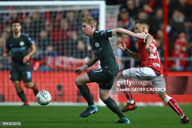 Manchester City's Belgian midfielder Kevin De Bruyne controls the ball during the English League Cup semi-final, second leg football match between...