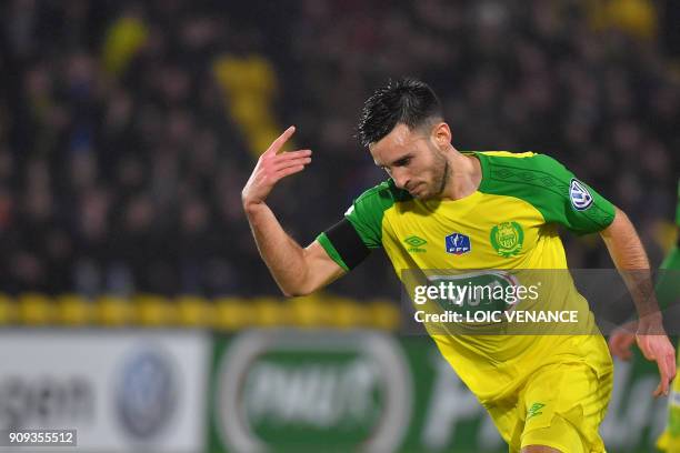 Nantes' French midfielder Adrien Thomasson celebrates after scoring a goal during the French Cup round of 32 football match FC Nantes vs AJ Auxerre...