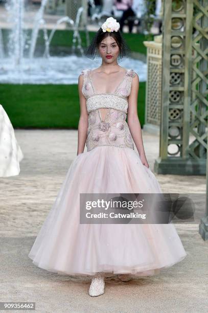 Model walks the runway at the Chanel Spring Summer 2018 fashion show during Paris Haute Couture Fashion Week on January 23, 2018 in Paris, France.