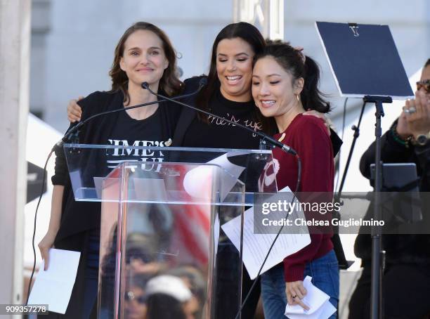 Actors Natalie Portman, Eva Longoria and Constance Wu speak during the Women's March Los Angeles 2018 on January 20, 2018 in Los Angeles, California.