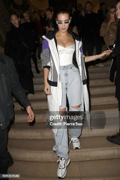 Bella Hadid leaves the Alexandre Vauthier Haute Couture Spring Summer 2018 show as part of Paris Fashion Week on January 23, 2018 in Paris, France.