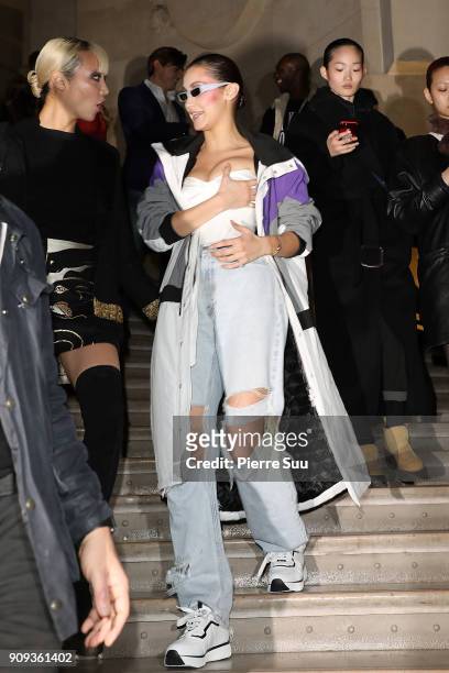 Bella Hadid leaves the Alexandre Vauthier Haute Couture Spring Summer 2018 show as part of Paris Fashion Week on January 23, 2018 in Paris, France.