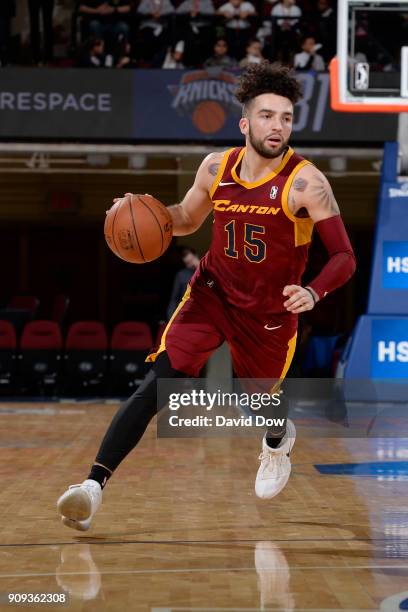 London Perrantes of the Canton Charge handles the ball against the Westchester Knicks during the game against the Canton Charge shoots against # of...