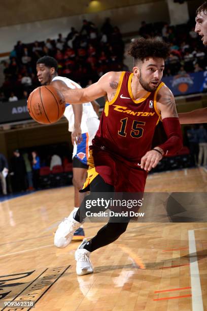 London Perrantes of the Canton Charge handles the ball against the Westchester Knicks during the game against the Canton Charge shoots against # of...