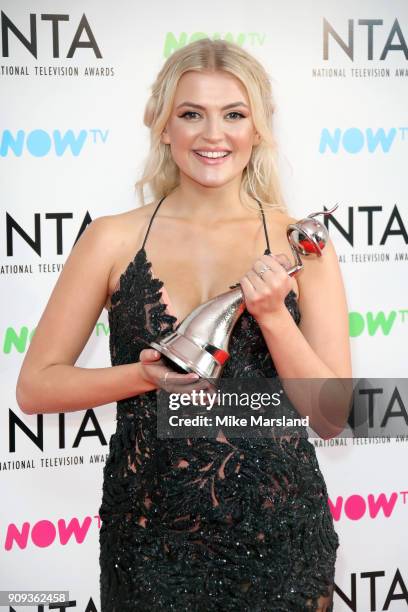 Lucy Fallon, winner of the Serial Drama Performance for 'Coronation Street', poses in the press room at the National Television Awards 2018 at The O2...