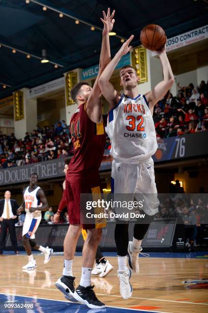Adam Woodbury of the Westchester Knicks shoots the ball against the Canton Charge during the game against the Canton Charge shoots against # of the...