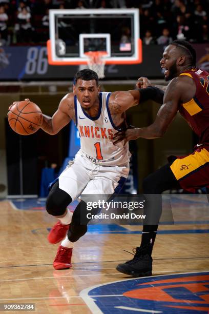 Xavier Rathan-Mayes of the Westchester Knicks handles the ball against the Canton Charge during the game against the Canton Charge shoots against #...