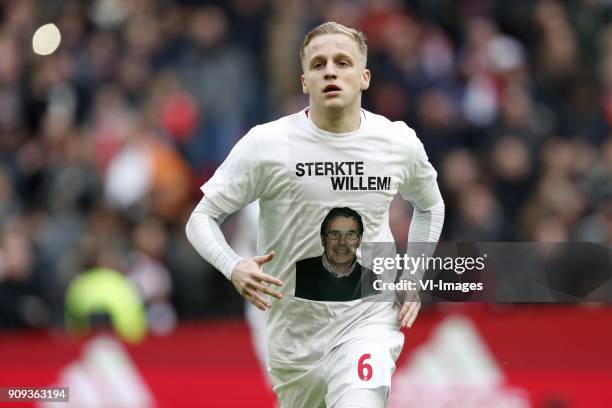 Donny van de Beek of Ajax with shirt with picture of Willem van Hanegem during the Dutch Eredivisie match between Ajax Amsterdam and Feyenoord...