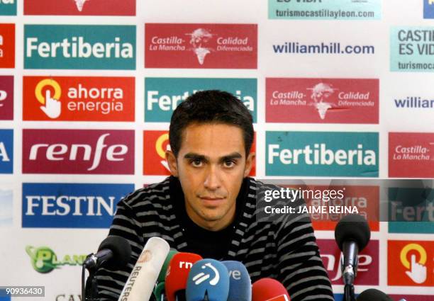 Spanish Alberto Contador of Astana cycling team gives a press conference during the Vuelta Tour of Spain in La Granja on September 18, 2009. Tour de...