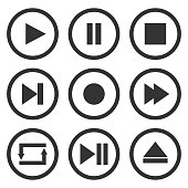 Media player control buttons set. Play, pause, stop, record, forward, rewind, previous, next, eject, repeat  icons in circle. Vector