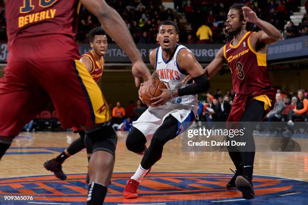 Xavier Rathan-Mayes of the Westchester Knicks drives to the basket against the Canton Charge during the game against the Canton Charge shoots against...