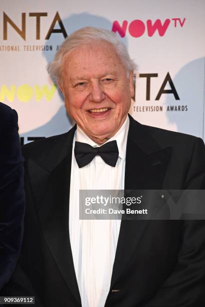 Sir David Attenborough, winner of the Impact Award for Blue Planet 2, poses in the press room at the National Television Awards 2018 at The O2 Arena...