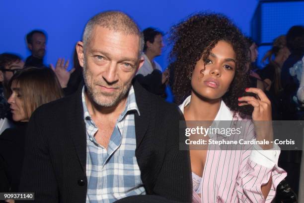 Vincent Cassel and Tina Kunakey attend the Alexandre Vauthier Haute Couture Spring Summer 2018 show as part of Paris Fashion Week January 23, 2018 in...