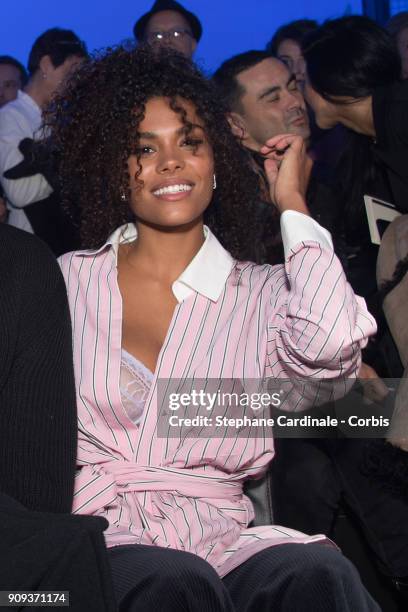 Vincent Cassel and Tina Kunakey attend the Alexandre Vauthier Haute Couture Spring Summer 2018 show as part of Paris Fashion Week January 23, 2018 in...