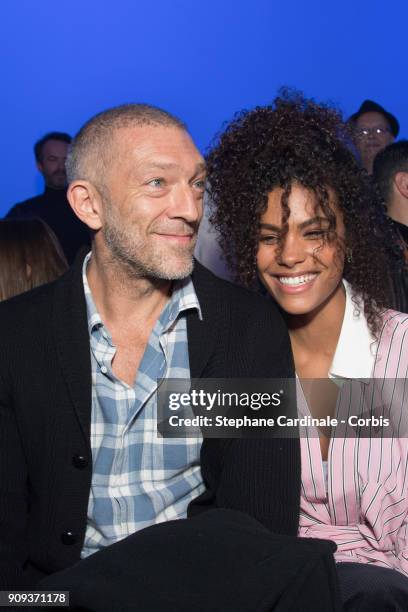 Vincent Cassel and Tina Kunakey attend the Alexandre Vauthier Haute Couture Spring Summer 2018 show as part of Paris Fashion Week January 23, 2018 in...