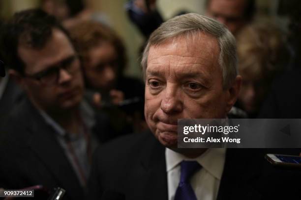 Senate Minority Whip Sen. Dick Durbin speaks to members of the media after a weekly Senate Democratic Policy Luncheon January 23, 2018 at the U.S....