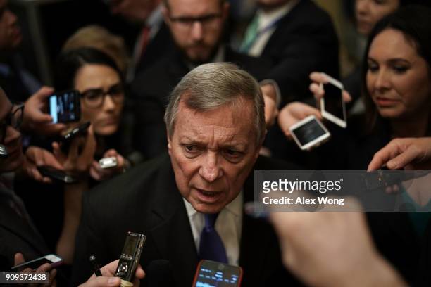 Senate Minority Whip Sen. Dick Durbin speaks to members of the media after a weekly Senate Democratic Policy Luncheon January 23, 2018 at the U.S....