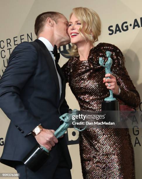 Actors Alexander Skarsgard, winner of Outstanding Performance by a Male Actor in a Miniseries or Television Movie for 'Big Little Lies,' and Nicole...