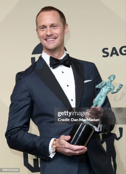 Actor Alexander Skarsgard, winner of Outstanding Performance by a Male Actor in a Miniseries or Television Movie for 'Big Little Lies,' poses in the...