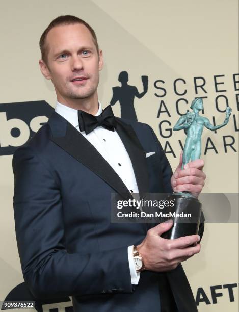 Actor Alexander Skarsgard, winner of Outstanding Performance by a Male Actor in a Miniseries or Television Movie for 'Big Little Lies,' poses in the...