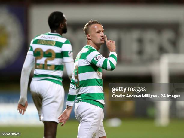 Celtic's Leigh Griffiths gestures to the Partick Thistle fans as he celebrates scoring his side's second goal of the game during the Ladbrokes...