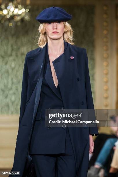 Model walks the runway during the Rodebjer show on the third day of Stockholm Fashion Week at the Citykonditoriet on January 23, 2018 in Stockholm,...