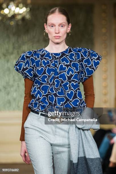 Model walks the runway during the Rodebjer show on the third day of Stockholm Fashion Week at the Citykonditoriet on January 23, 2018 in Stockholm,...