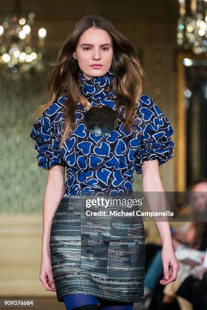 Model walks the runway during the Rodebjer show on the third day of Stockholm Fashion Week at the Citykonditoriet on January 23, 2018 in Stockholm,...