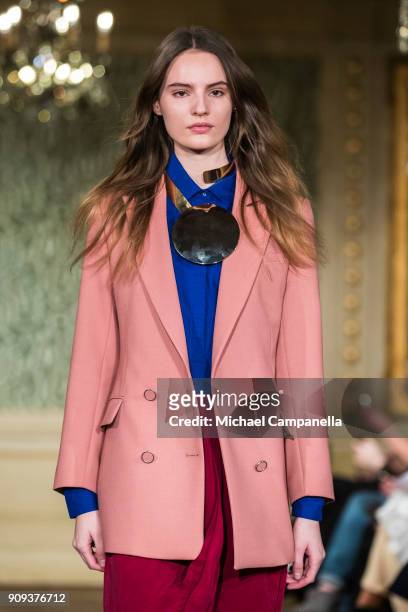 Model walks the runway during the Rodebjer show on the third day of Stockholm Fashion Week at the Citykonditoriet on January 23, 2018 in Stockholm,...