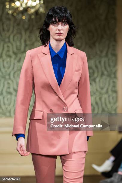 Model walks the runway during the Rodebjer show on the third day of Stockholm Fashion Week at the Citykonditoriet on January 23, 2018 in Stockholm,...