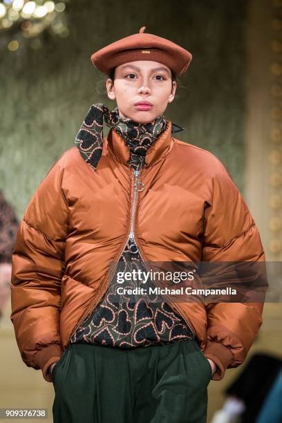 Model walks the runway during the Rodebjer show on the third day of Stockholm Fashion Week at the Citykonditoriet on January 23, 2018 in Stockholm,...