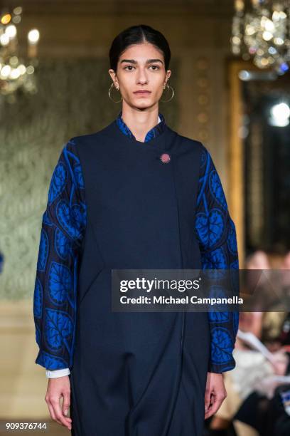 Model walks the runway during the Rodebjer show on the third day of Stockholm Fashion Week at the Citykonditoriet on January 23, 2018 in Stockholm,...