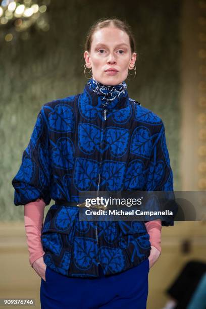 Model walks the runway during the Rodebjer show on the third day of Stockholm Fashion Week at the Citykonditoriet on January 23, 2018 in Stockholm,...