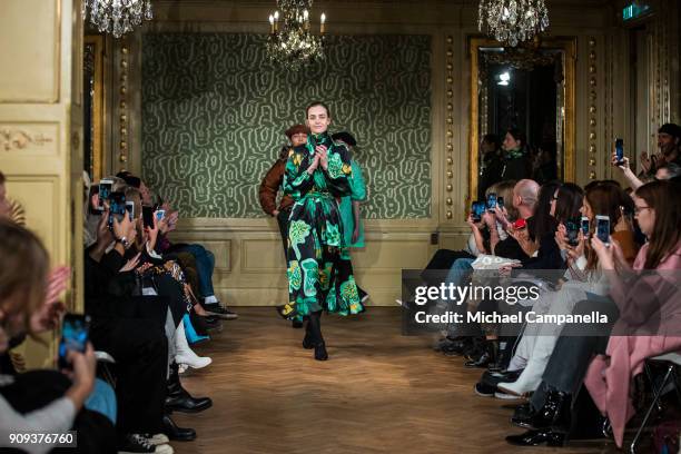 Model walks the runway during the Rodebjer show on the third day of Stockholm Fashion Week at the Citykonditoriet on January 23, 2018 in Stockholm,...