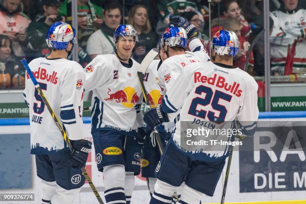 Keith Aulie of EHC Red Bull Muenchen, Frank Mauer of EHC Red Bull Muenchen, Dominik Kahun of EHC Red Bull Muenchen and Derek Joslin of EHC Red Bull...