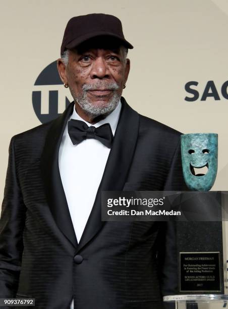 Actor Morgan Freeman, recipient of the Screen Actors Guild Life Achievement Award, poses in the press room at the 24th Annual Screen Actors Guild...