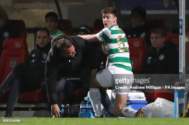 Celtic's Kieran Tierney collides with manager Brendan Rodgers during the Ladbrokes Premiership match at Firhill Stadium, Glasgow.