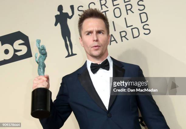 Actor Sam Rockwell, winner of Outstanding Performance by a Male Actor in a Supporting Role for 'Three Billboards Outside Ebbing, Missouri,' poses in...