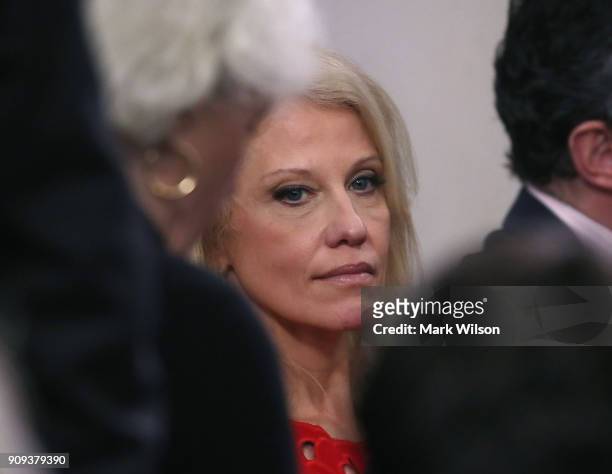 White House Counselor Kellyanne Conway attends a media briefing on President Donald Trump's upcoming trip to the World Economic Forum later this week...
