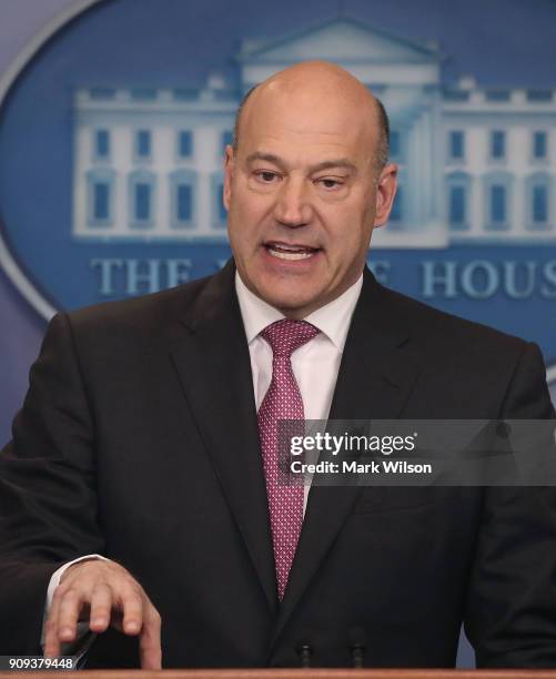 Gary Cohn, White House Economic Advisor, briefs reporters on President Donald Trump's upcoming trip to the World Economic Forum later this week in...