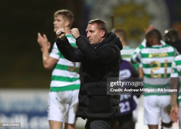 Celtic manager Brendan Rodgers applauds the fans after the final whistle of the Ladbrokes Premiership match at Firhill Stadium, Glasgow.