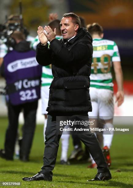 Celtic manager Brendan Rodgers applauds the fans after the final whistle of the Ladbrokes Premiership match at Firhill Stadium, Glasgow.