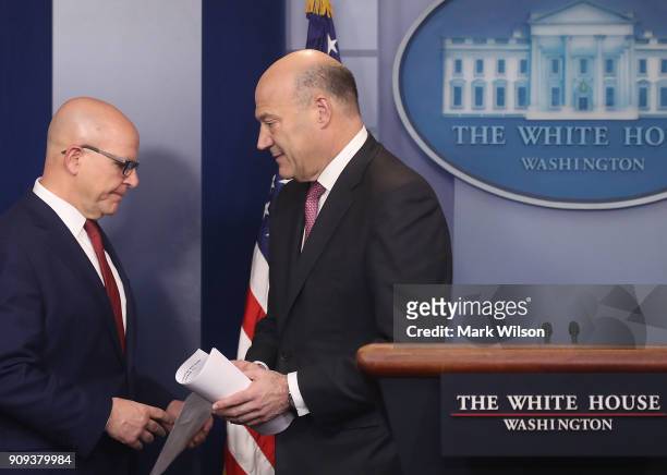 Gary Cohn, White House Economic Advisor and National Security Advisor H.R. McMaster brief reporters on President Donald Trump's upcoming trip to the...